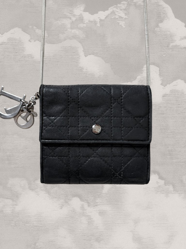 Christian Dior Cannage Wallet & Silver Logo Charm Black Leather Free Chain